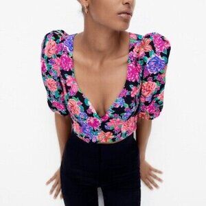💙 Zara Floral Puff Sleeve Cropped Top - Black, Pink and purple